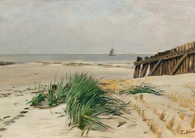 Beach scene with a sailboat and wooden fence