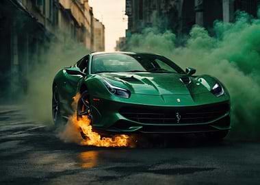 Green Ferrari Burnout with Smoke and Fire