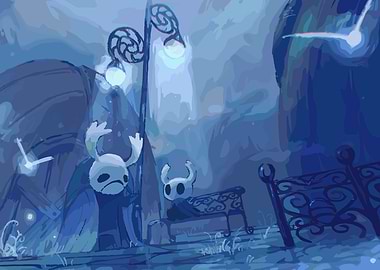Hollow Knight characters in a blue setting