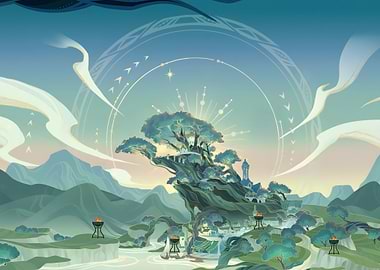 Mystical Mountain Landscape with Ancient Tree