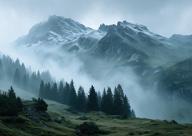 Misty Mountain Landscape with Pine Forest