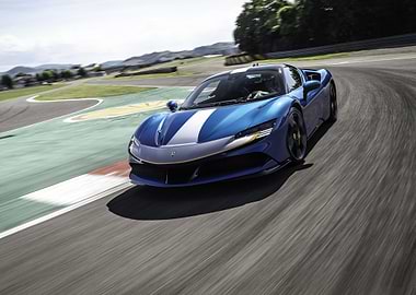 Blue Ferrari SF90 Stradale on Race Track