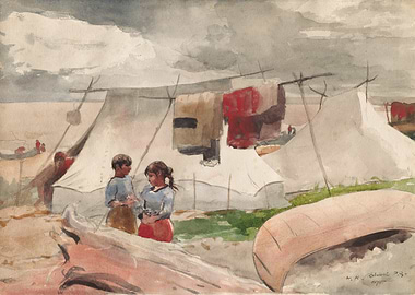 Children at a Campsite with Tents and Canoe