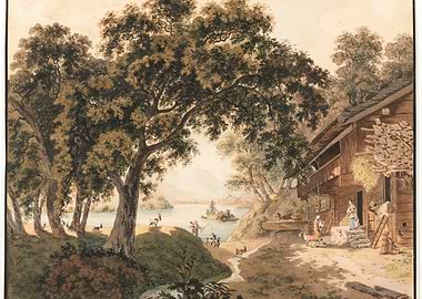 Pastoral scene with a wooden house and lake
