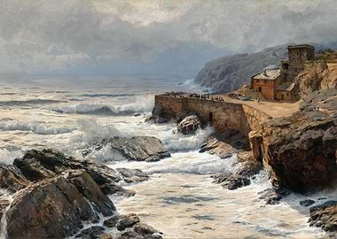 Coastal Scene with Crashing Waves and Buildings