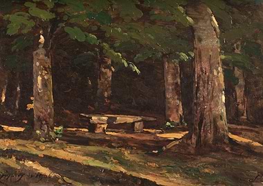 Forest Scene with Stone Bench