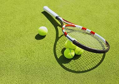 Tennis racket and balls on court