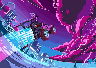 Rocket League Car in Neon Cityscape