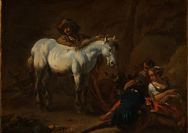Stable scene with horse and people