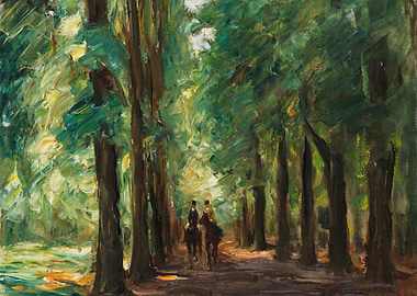 Two figures on horseback in a tree-lined path