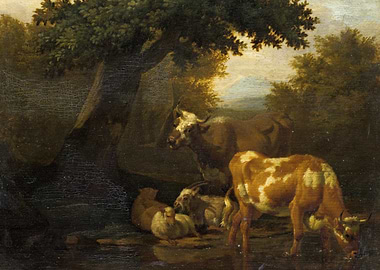 Cows and sheep by a tree