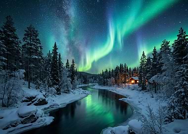 Aurora Borealis Over Snowy Forest and River
