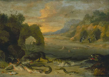 Animals and Fish in a Rocky Landscape