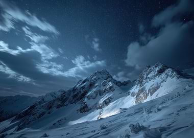 Snowy Mountains Under a Starry Night Sky