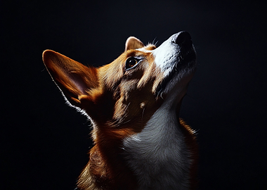 Dog looking up with dramatic lighting