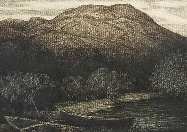 Mountain Landscape with River and Boats