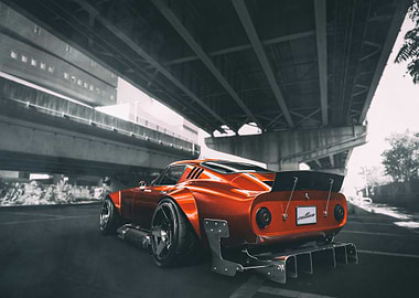 Custom Orange Sports Car Under Bridge