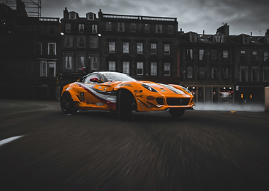 Orange racing car drifting