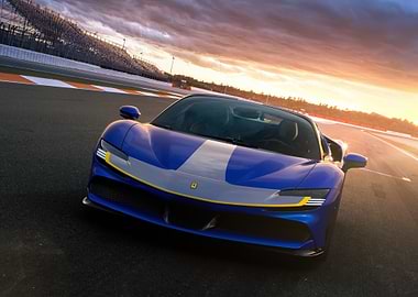 Blue Ferrari on a Racetrack at Sunset