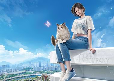 inzoi Girl with cat on rooftop overlooking city