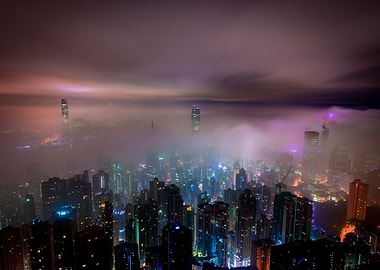 Foggy Cityscape at Night