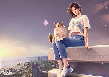 inzoi Girl and Cat on Rooftop Overlooking City