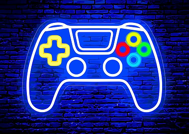 Neon Game Controller on Brick Wall