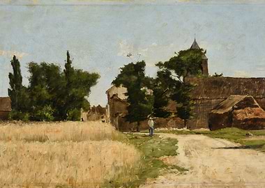 Rural Village Scene with Wheat Field