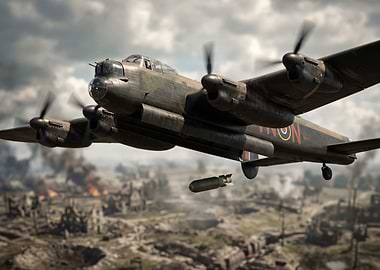 Bomber Aircraft Dropping Bomb Over War-Torn City