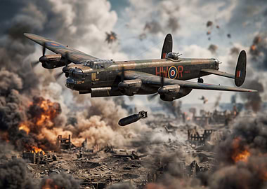 Bomber Aircraft Over War-Torn City