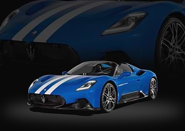 Blue Maserati MC20 Convertible with White Stripes