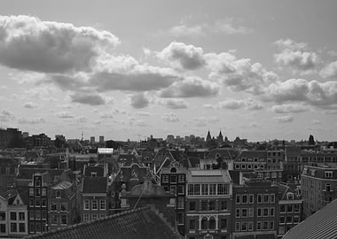 Black and White Cityscape with Clouds