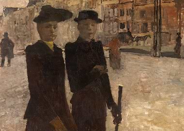 Two figures in a city street