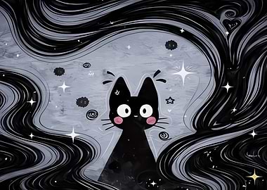 Cute Black Cat with Swirling Hair