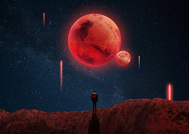 Astronaut on Mars with Red Planets