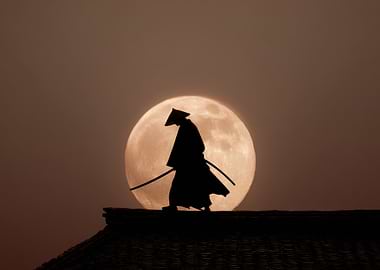 Samurai Silhouette Against Full Moon