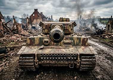 World War II Tank in Ruined Village