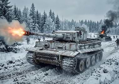 Tiger Tank Firing in Winter Battle