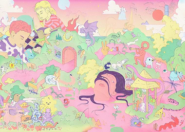 Whimsical Fantasy Landscape with Children and Creatures