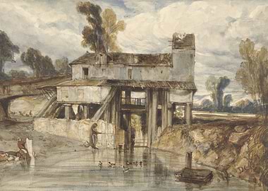 Watercolor of a Ruined Mill by a River