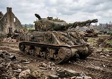 Muddy Sherman Tank in Ruined Village