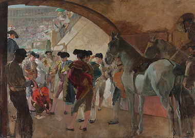Bullfighters and horses in a stable