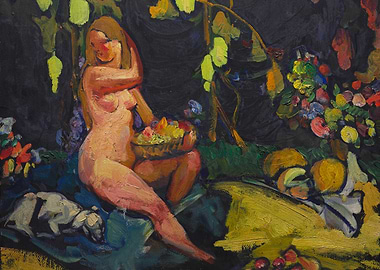 Nude Woman with Fruit Basket and Dog