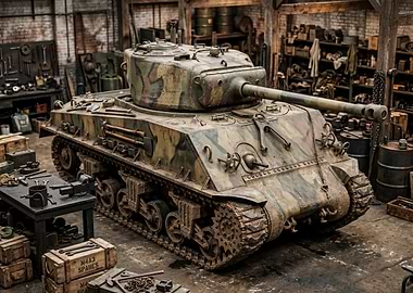 Camouflaged Tank in Workshop