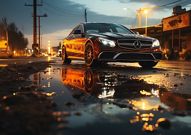 Mercedes on wet street