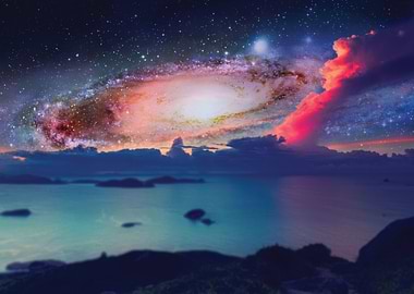 Galaxy Over Ocean Landscape
