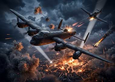 World War II Aerial Combat Over Burning City