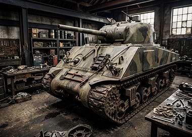 Sherman Tank in a Workshop