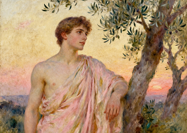 Young man in a toga by an olive tree