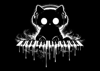 Black Cat Piano Poster, Surreal Music Wall Art, Melting Keys Gothic Print
